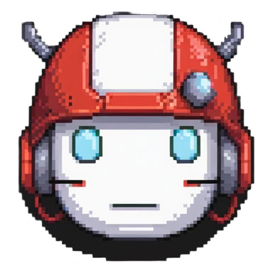 Red bomberman head only, round helmet with antenna, white face with determined eyes, pixel art style sticker