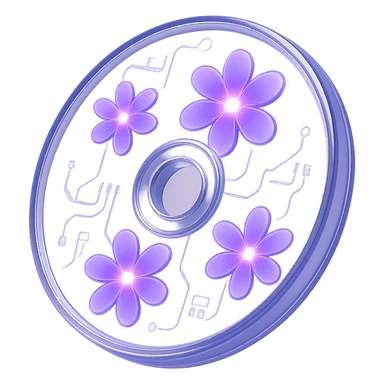 A minimalist CD disc with glowing floral pattern, purple flowers sticker