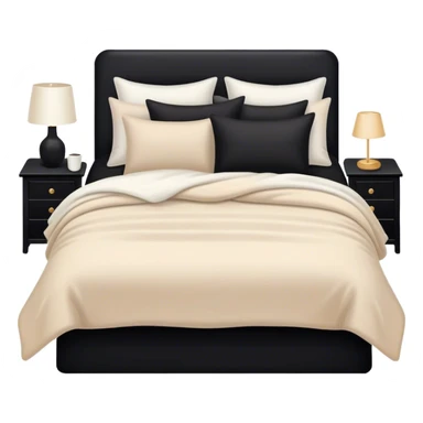 Black bed with pillows and blankets, cozy vibe white and beige sticker