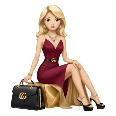 Lilith symbol light brown eyes. Woman of justice and power. Shoulder  length blonde haired  woman with Gucci, and designer bags next to her. Wearing long elegant dress with slit, sitting on a pile of gold and diamonds on her. Black Platform high heels on feet. designer bags around her.  sticker