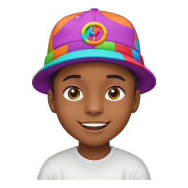 black kid with a colorful hiphop hat, happy face sticker