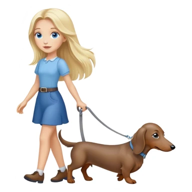 blonde girl with long hair and blue eyes walks with a gray dachshund sticker