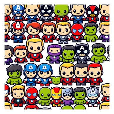 Chibi Avengers team with cute small proportions, big heads, tiny bodies. Include Iron Man, Captain America, Thor, Hulk, Black Widow, and Hawkeye with adorable expressions sticker