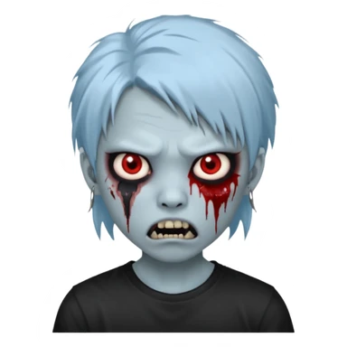  3D emoji-style avatar with very pale blue-grey zombie skin , a young Asian face, and large eyes with blood tears. Give it white litle bit messy mullet hair style , silver hoop earrings, and a plain black T-shirt. The face expression should be slightly angry, with vampire fang sticker