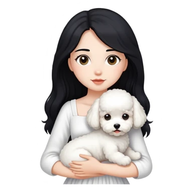 A beautiful girl with long black hair wearing a white dress holds a small white Bichon Frise in her arms sticker