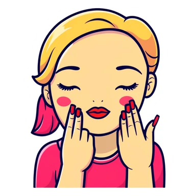 A cute face with closed eyes that form upward curved lines, eyelashes, pursed lips with lipstick, and a hand gesture with only the thumb out while other fingers are closed, all nails painted sticker