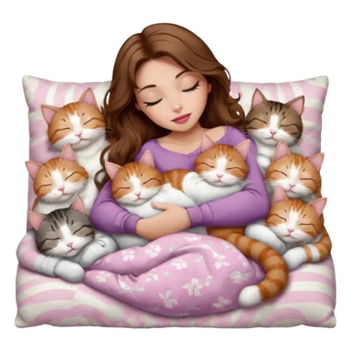 girl with long wavy brown hair, brown eyes, long lashes makeup, sexy pink lips, light to medium complexion,  sleeping on a cozy pillow, with 6 cats: 1 brown and white tabby cat, 1 ginger and white, 2 grey and white, 1 grey with white mittens and small white patch on chest and 1 calico, sleeping sticker