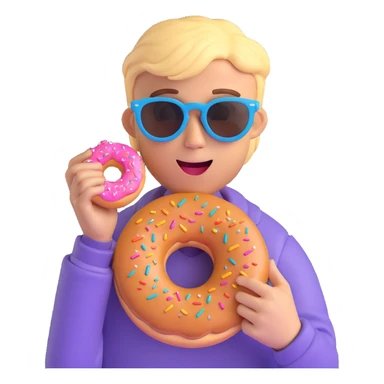 Add sunglasses to Justin Bieber while he holds a donut, keep 3D emoji style, no background, sunglasses added on face, donut in hand visible clearly. sticker