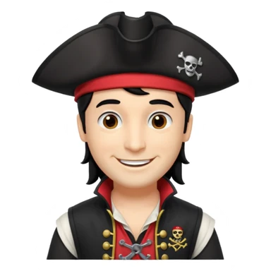 Captain Feathersword of The Wiggles with light skin, brown eyes, black hair, black pirate hat, white pirate shirt with red vest sticker
