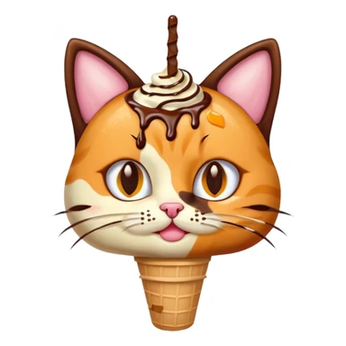 Haz un emoji de un helado de chocolate con sirope naranja, con cara de gato y orejas y bigotes de gato sticker