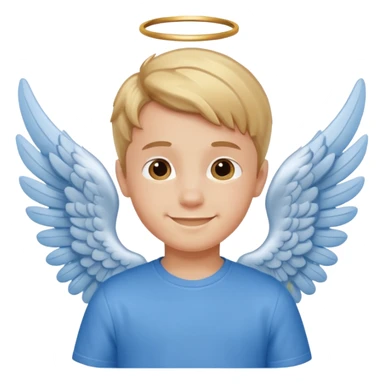 smiling boy in blue shirt with angel wings sticker