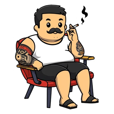 Heavy-set man leaning back in chair with legs spread, smoking cigarette, exposed belly, round face, short black hair, beard with mustache, black t-shirt with light stripes on top portion, sleeves rolled up, black shorts, arms decorated with distinct black graphic tattoo patterns sticker