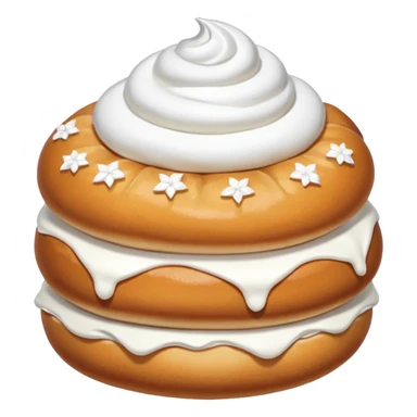 A bun with visible whipped cream in the middle beteween two bun halves and powdered sugar on top sticker