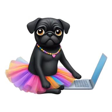 Black pug using a laptop while wearing a tutu dress sticker