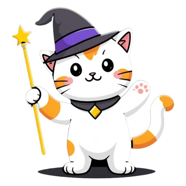 A cat wizard with a pointy hat and a magic wand sticker