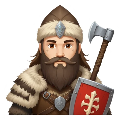 Russian pagan warrior with fur clothing, axe, shield with Slavic symbols, long beard sticker
