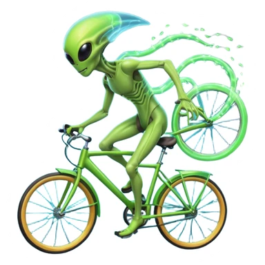 energy alien riding a bicycle, glowing light body, floating energy trails, non-physical alien form interacting with bike, fantasy sci-fi vibe, 3D cartoon, mobile game icon style, clean background, no text, no watermark
 sticker