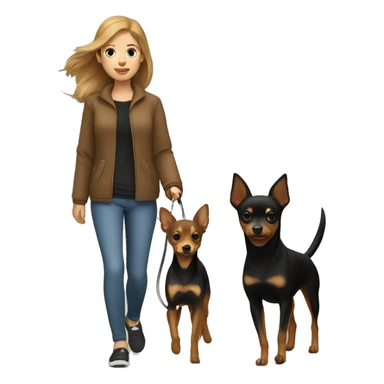 A light brown haired girl, walking one black and tan miniature Pinscher and one big light brown Spitz on the lead sticker