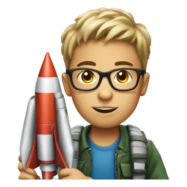 boy in glasses indoors with a rocket launcher sticker