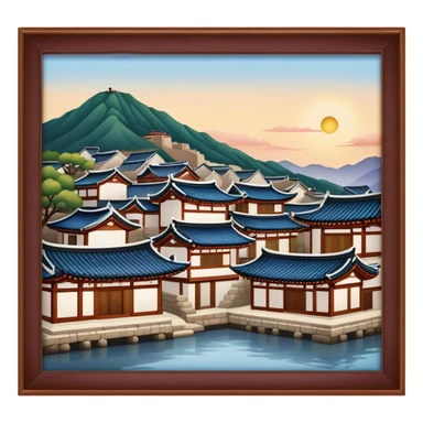 Cinematic Realistic Bukchon Hanok Village Landmark Emoji, depicted with traditional Korean houses set against a scenic backdrop rendered with detailed textures and warm, inviting lighting. sticker