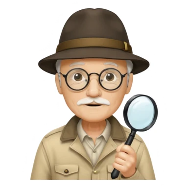 old man in beige explorer outfit, wear black glass, hat, holding magnifying glass sticker