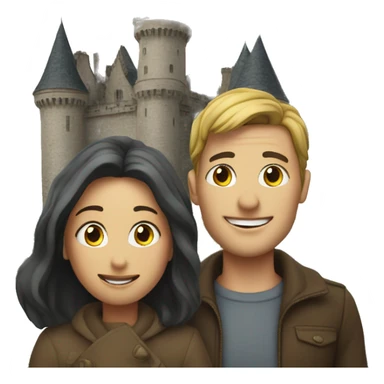 couple under cloudy sky behind a castle  sticker