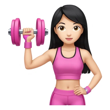 An Asian lady with long hair, blonde highlights, in a pink gym outfit, holding a pink dumbell sticker