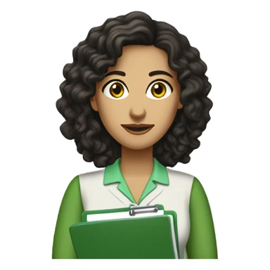 female psychologist, brunette, black eyes, long black curly hair. Holding a medical record clipboard, wearing a green knitted blouse, brown pantaloons, green sandals, brown and green Peruvian earrings sticker