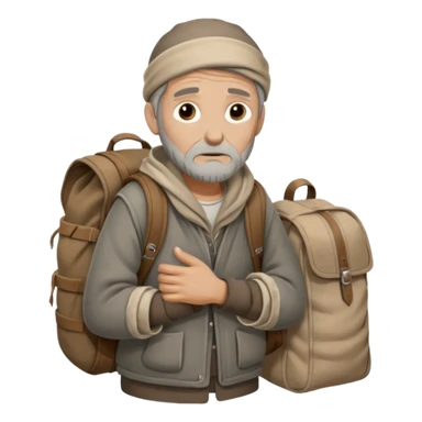 A homeless man wrapped in an old blanket, holding a backpack filled with his belongings, expression calm but weary.
 sticker
