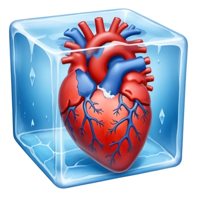 A realistic human heart completely frozen, trapped inside a clear ice cube sticker