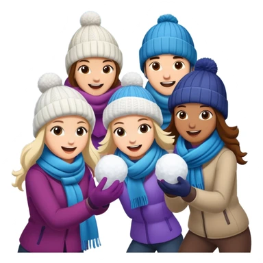 a group of friends having a snowball fight, winter hats and scarves, playful sticker