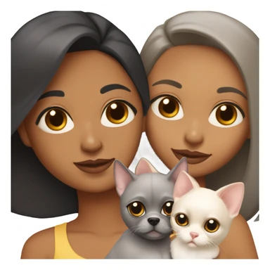 Latino women with black staight hair and brown eyes is holding a grey sphynx kitten and a ginger/ yellowish pomeranian dog sticker