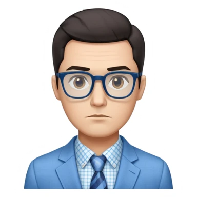 Man with angular square face, large dark square eyeglasses, short straight dark hair with side part. Composed serious expression. Wearing a light blue blazer over a white button-up shirt with blue checkered pattern. sticker