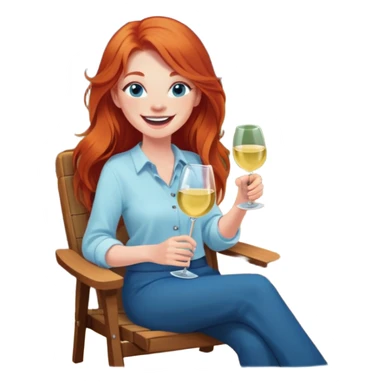 Laughing redhead long hair and blue eyes holding white wine sitting in chair beside fire pit sticker