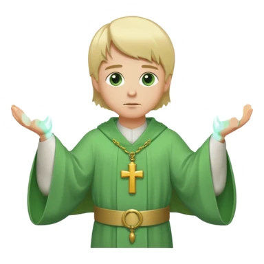 a priest, green eyes, blonde hair, light green wide, flowing, bell-shaped outer robe. opening arms, gazing thoughtfully. Soft light, subtle fern. Waist-up, profile. sticker