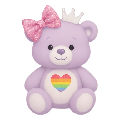 Add a glittery bow that sparkles to the purple and white teddy bear with a heart-shaped rainbow patch and a white crown. Keep the bear soft and plush, with no shadows and flat lighting. Remove the background. sticker