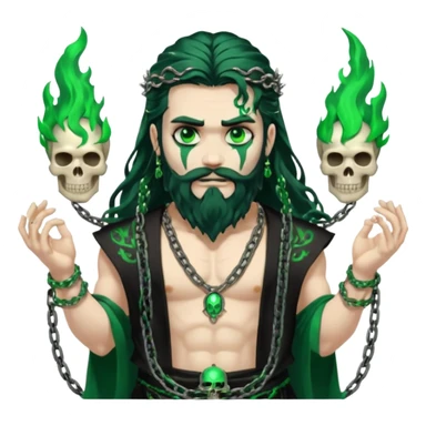 hades greek god with green flames and beard with chains on his arms and neck, Long wavy hair. He has some skull accessories Dynamic pose sticker