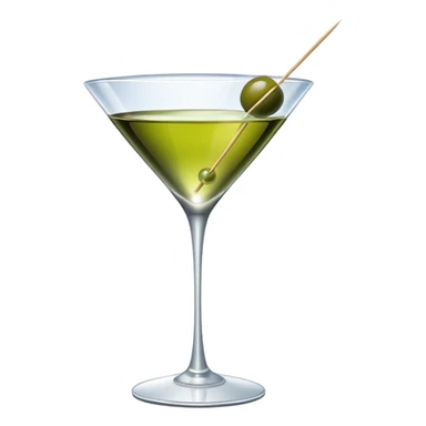 martini glass with clear liquid and an olive at the bottom skewered by a toothpick sticker