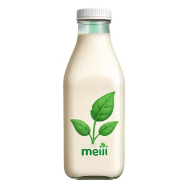 A 3D cartoon bottle of plant-based milk identical to dairy milk, small green tint or leaf mark, Memoji-style. sticker