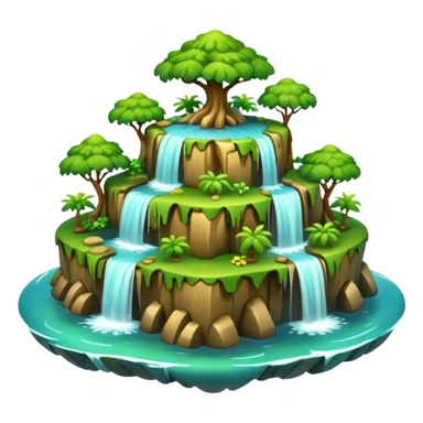 a 2d smooth not too dertailed cartoon floating island emoji with waterffalls of the sides sticker