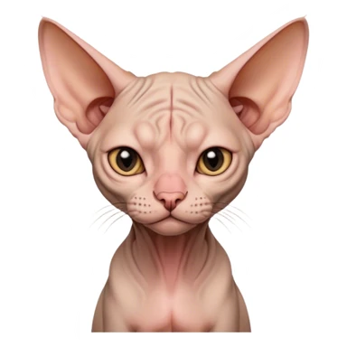 A hairless Sphynx cat, shivering slightly, big ears, wrinkled face, looking cold but determined, cartoon style, transparent background. sticker