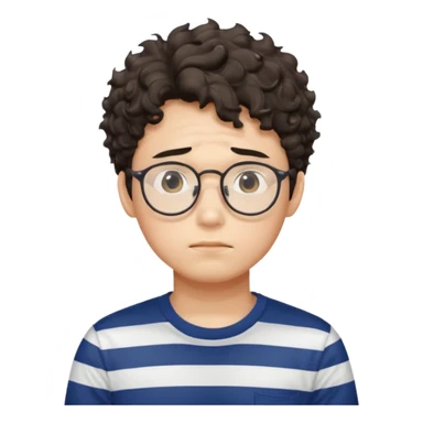 Korean male college student with a worried face , glasses with a bit curly hair, stripe t-shirt sticker