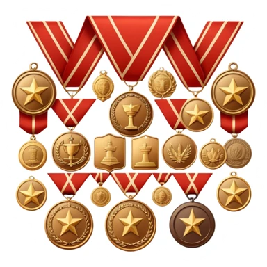 Icon for Collecting Orders, Medals & Badges: a variety of vintage orders, medals and badges, displayed neatly on a big red pennant or in a display case. The icon should reflect the honor and historical significance of these collectible items. Transparent background. sticker