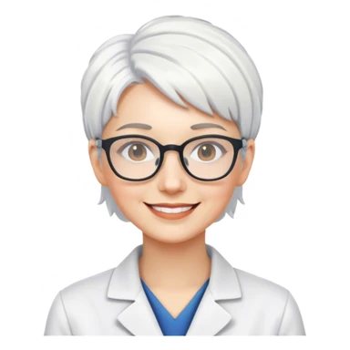 smiling woman scientist glasses indoors cropped pixie white hair  sticker