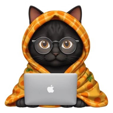 A black female cat working on a MacBook, with round frames and thin glasses, and she wears a blanket with an orange fruit pattern sticker