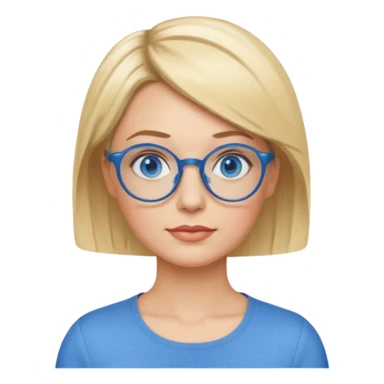 femme 40 ans cheveux très courts blond avec raie sur le coté, yeux bleu et lunettes rondes bleues sticker