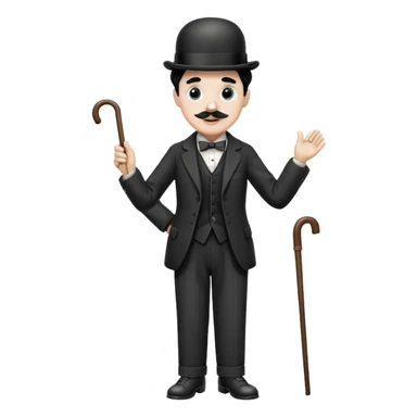 Charlie Chaplin with bowler hat, small mustache, suit, cane, and classic pose sticker