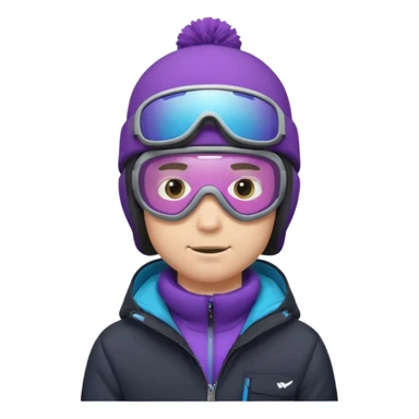male Pro Snowboarder with white and grey beanie, ONE pair of purple and blue frameless goggles on and a black jacket sticker