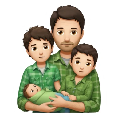 A father with messy medium-length dark hair and light stubble, wearing a green flannel shirt. He holds his one child who has short curly brown hair and a cream-colored romper. Cozy warm lighting, authentic family moment. sticker