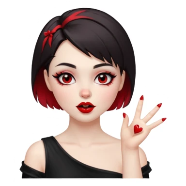 A girl with goth makeup and short hair( dark brown and bottom of hair red) winking and blowing kiss while raising one shoulder.  sticker